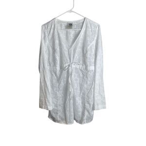 REI Womens White Damask Tunic Cover-Up Size Large Long Sleeve Sheer Boho Beach T